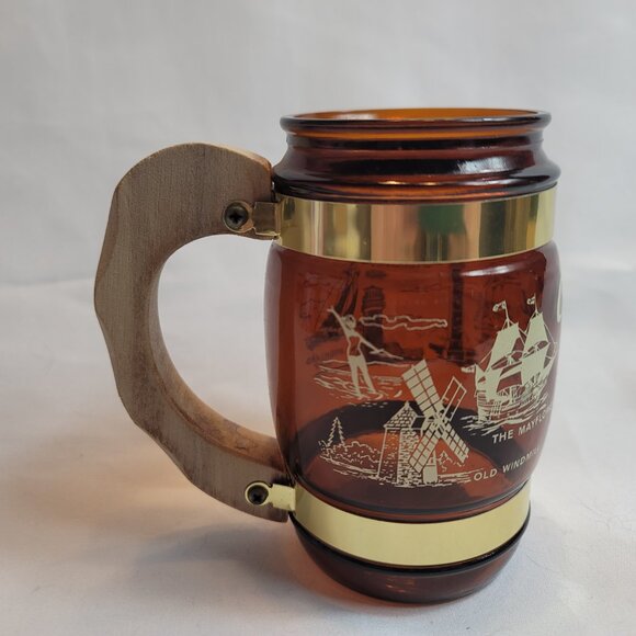 Siesta Ware Amber Brown Glass Barrel Mug Wood Handle Cape Cod - Picture 4 of 13